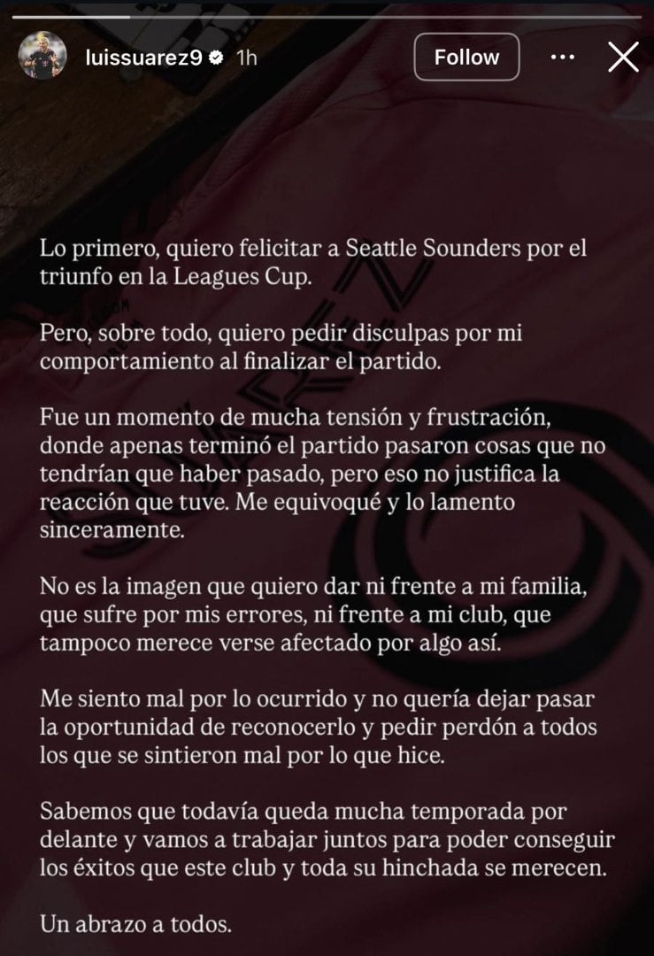 Disculpas de Luis Suárez por su escupitajo en Leagues Cup.
