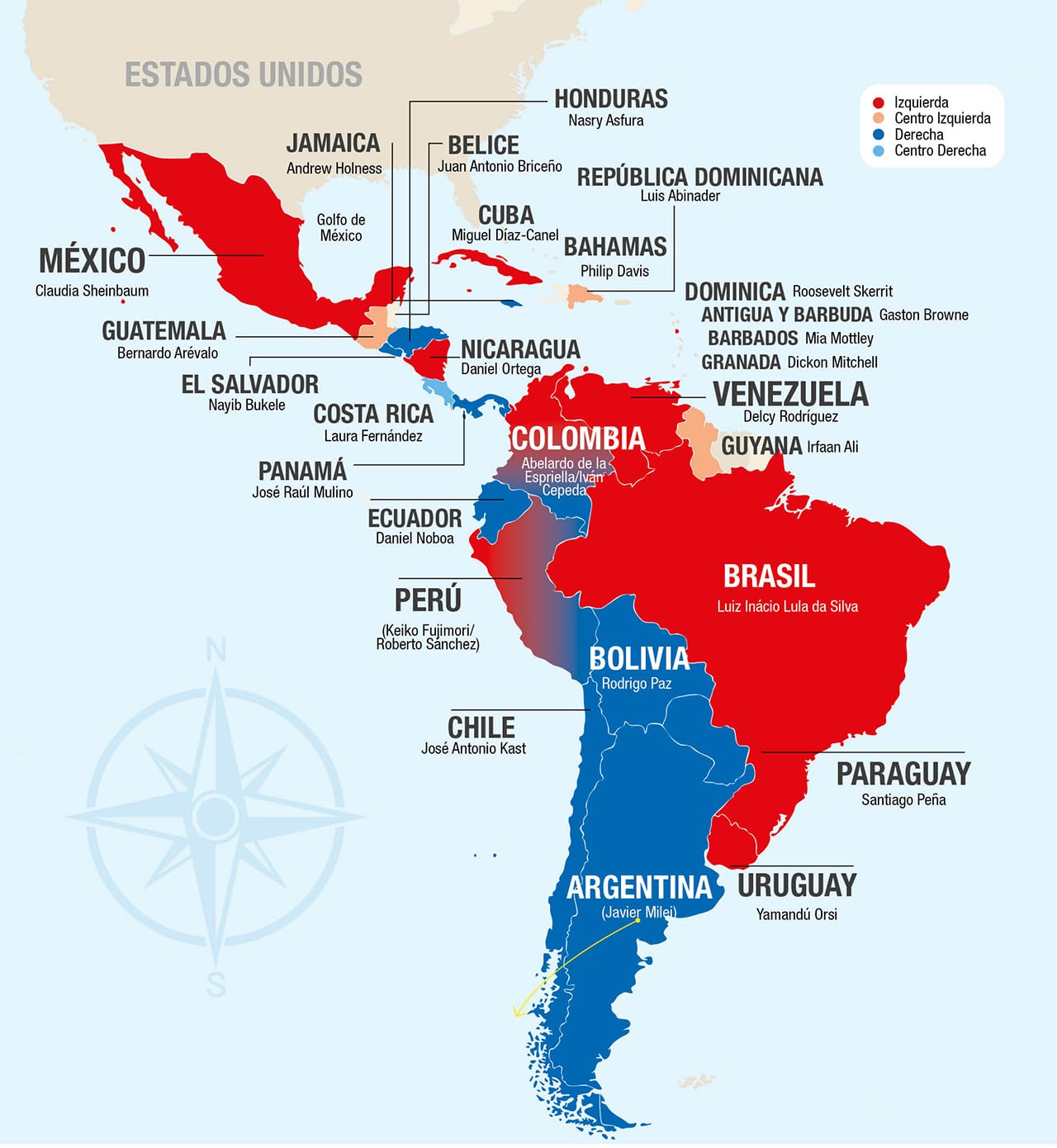 Mapa geopolítico de Suramérica.