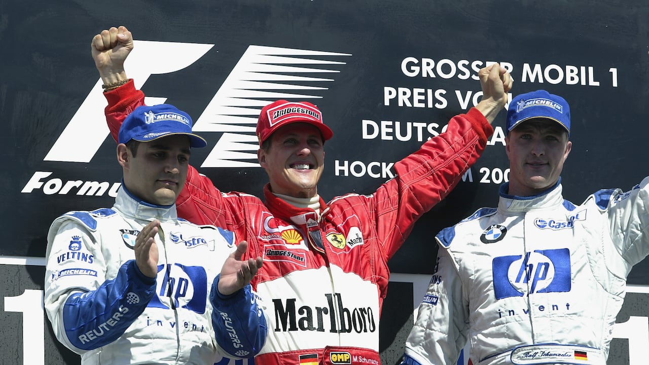 Juan Pablo Montoya, Michael Schumacher y Ralf Schumacher en el GP de Alemania (Hockenheim).