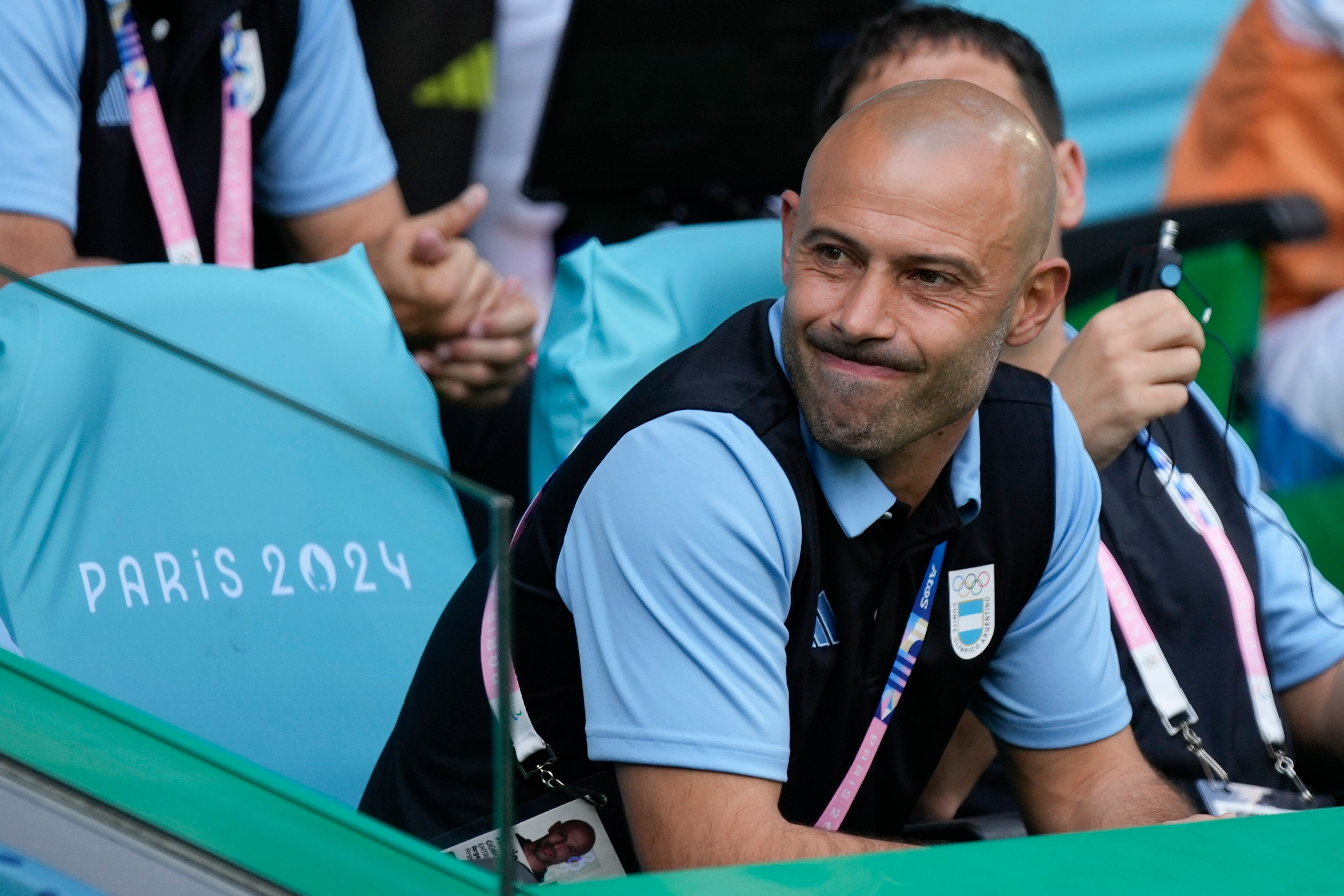 Argentina's coach Javier Mascherano gestures prior to the men's Group B soccer match between Argentina and Morocco at Geoffroy-Guichard Stadium at the 2024 Summer Olympics, Wednesday, July 24, 2024, in Saint-Etienne, France. (AP Photo/Silvia Izquierdo)