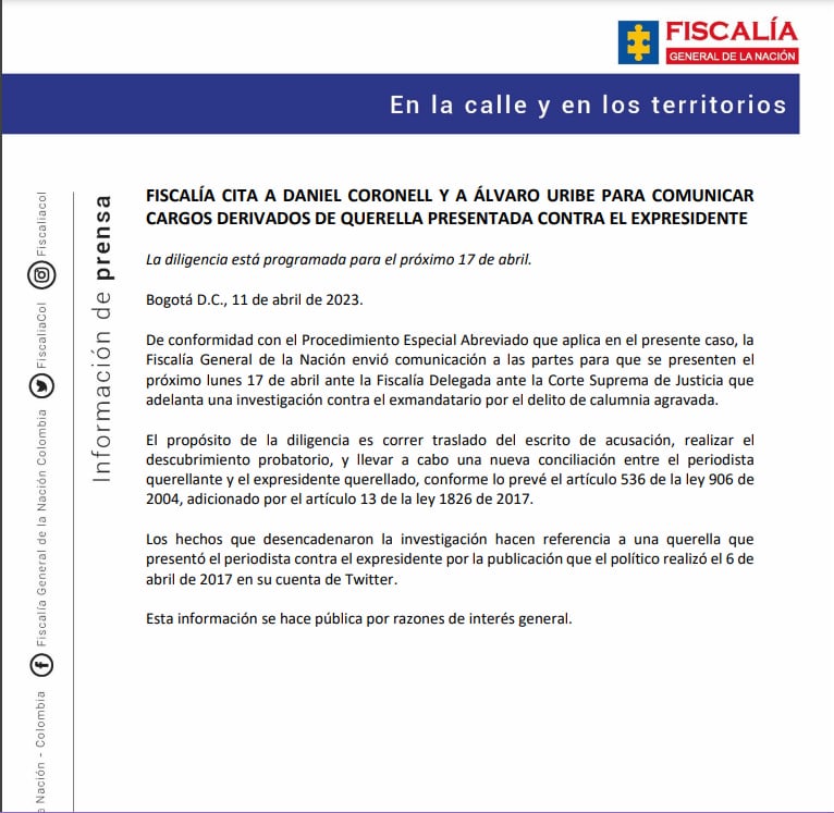 El expresidente Álvaro Uribe y el periodista Daniel Coronell fueron citados a conciliación.