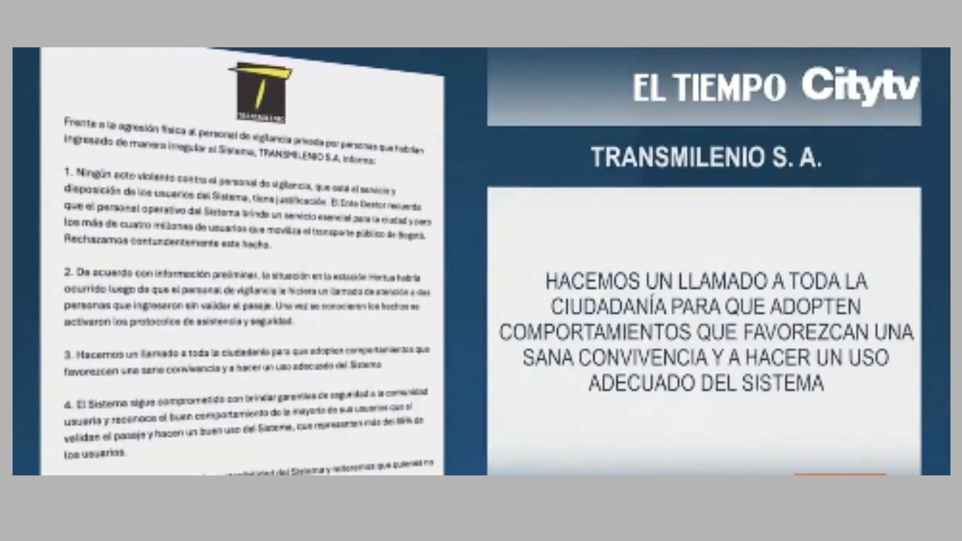 En un comunicado, TransMilenio rechazó la agresión contra la vigilante en la estación Hortúa y pidió a los usuarios promover la convivencia y el respeto dentro del sistema.