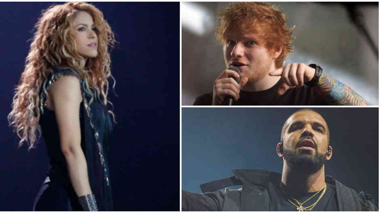 Shakira, Ed Sheeran (arriba) y Drake.
