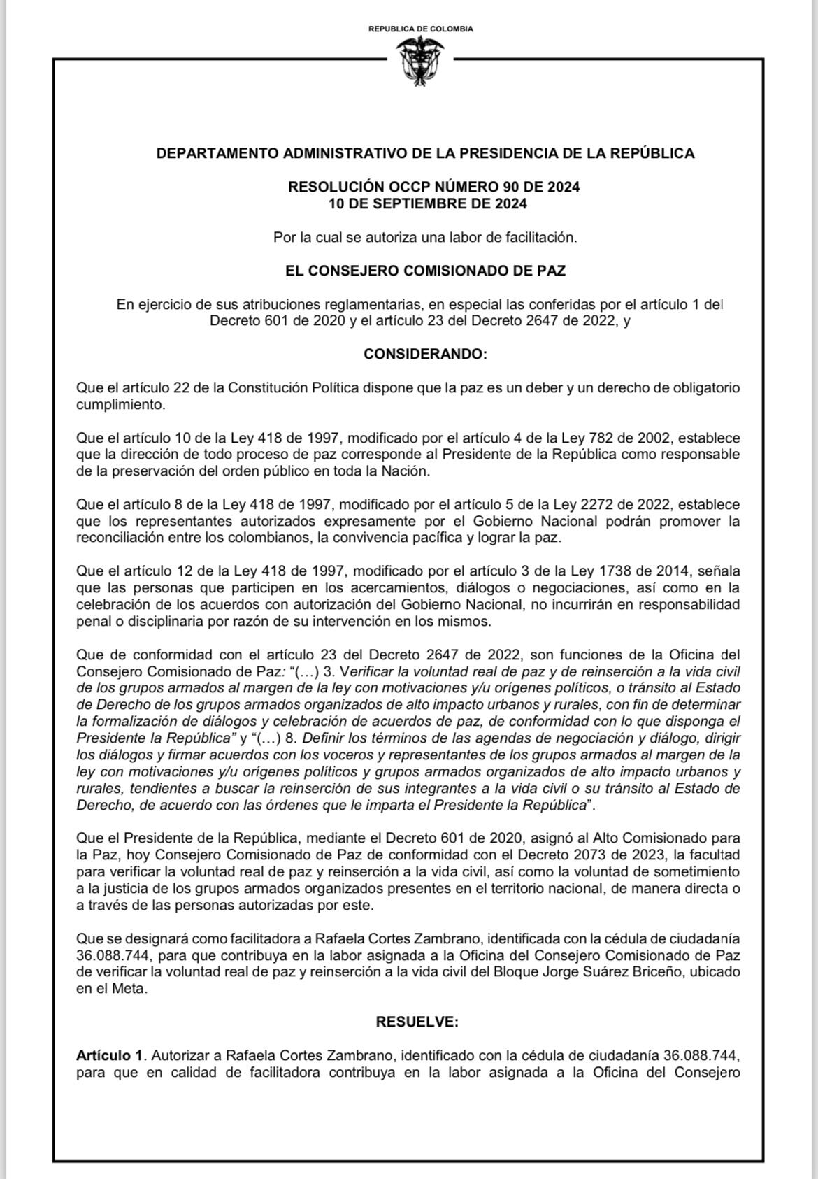 Resolución diálogos disidencias de las Farc