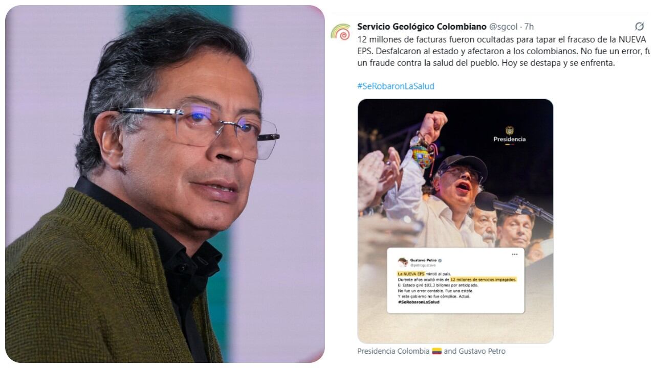 "12 millones de facturas fueron ocultadas para tapar el fracaso de la NUEVA EPS. Desfalcaron al estado y afectaron a los colombianos. No fue un error, fue un fraude contra la salud del pueblo. Hoy se destapa y se enfrenta", decía una publicación del Servicio Geológico.