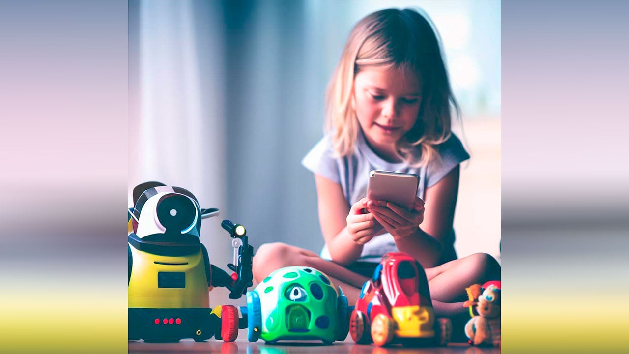 Ilustración de una niña usando un celular para jugar con sus juguetes inteligentes.