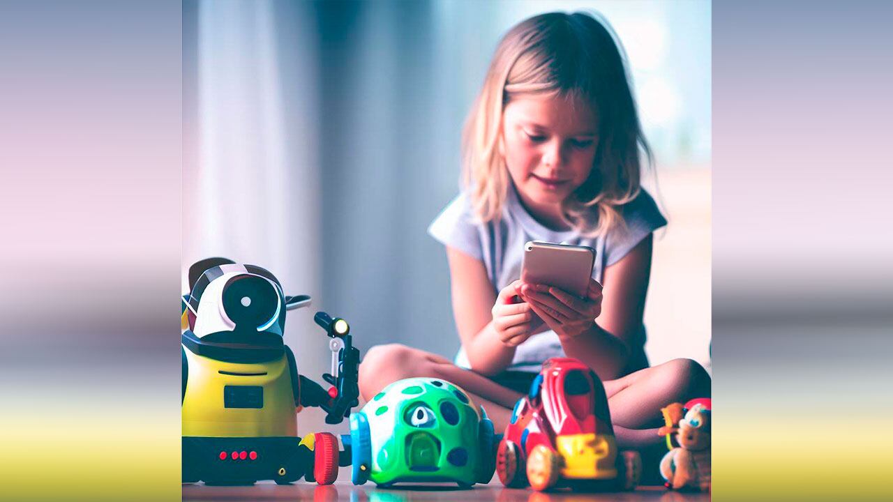 Ilustración de una niña usando un celular para jugar con sus juguetes inteligentes.