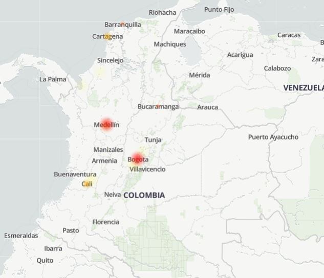 Mapa de 'Downdetector' muestra fallas de Instagram en Colombia.