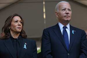 NEW YORK, NEW YORK - SEPTEMBER 11: Democratic presidential nominee, U.S. Vice President Kamala Harris, and U.S. President Joe Biden attend the annual 9/11 Commemoration Ceremony at the National 9/11 Memorial and Museum on September 11, 2024 in New York City. U.S. President Joe Biden, Democratic presidential nominee, U.S. Vice President Kamala Harris, Republican presidential nominee, former U.S. President Donald Trump and Republican vice presidential nominee, U.S. Sen. J.D. Vance (R-OH) joined family and friends at Ground Zero honoring the lives of their loved ones on the 23rd anniversary of the terror attacks of September 11, 2001, at the World Trade Center. Biden and Harris will also attend ceremonies at the Flight 93 National Memorial in Shanksville, Pa, and the Pentagon in Arlington, Va., making visits to all three sites of the terror attacks that killed nearly 3,000 people. Michael M. Santiago/Getty Images/AFP (Photo by Michael M. Santiago / GETTY IMAGES NORTH AMERICA / Getty Images via AFP)