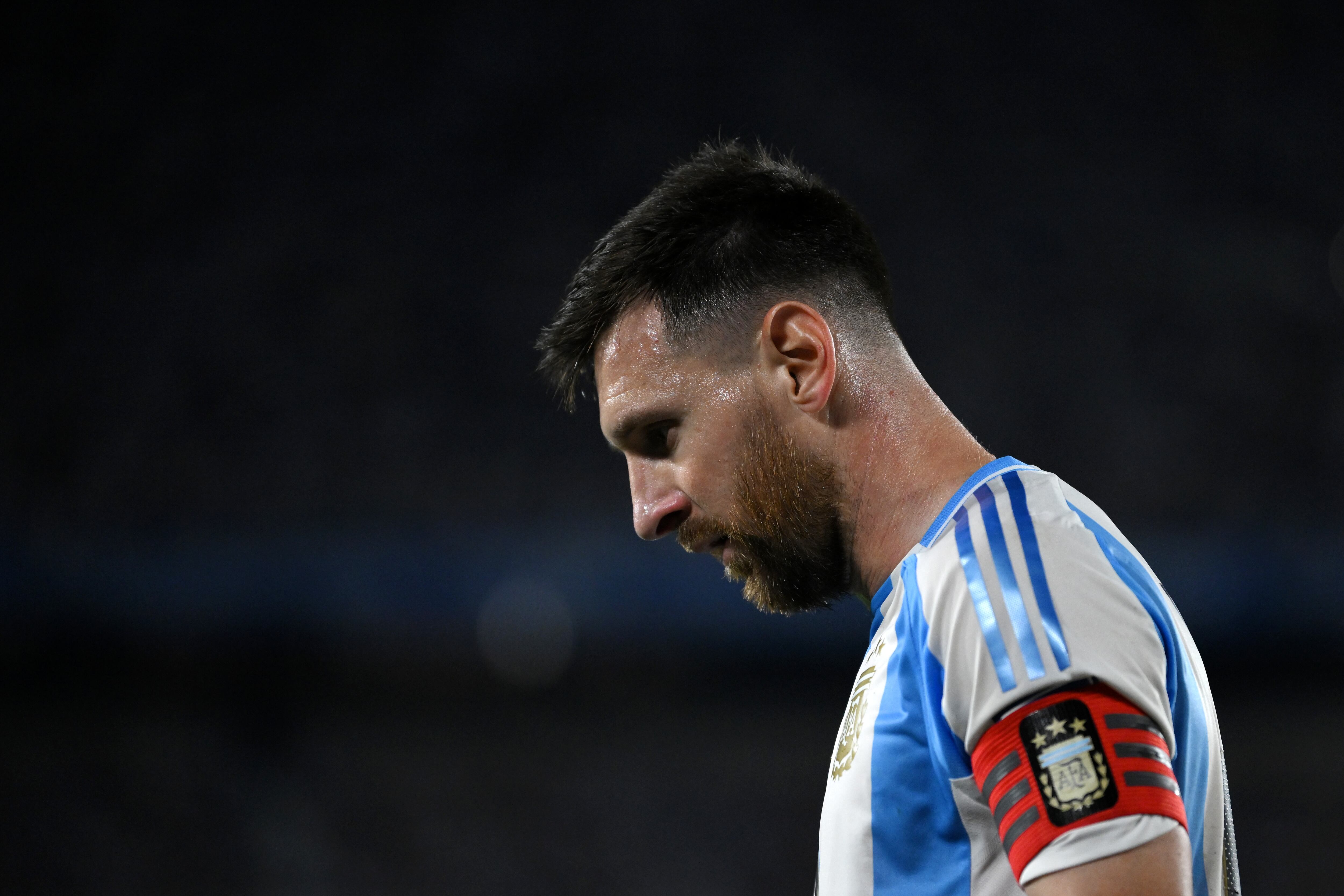 BUENOS AIRES, ARGENTINA - OCTOBER 15: Lionel Messi of Argentina reacts during the FIFA World Cup 2026 South American Qualifier match between Argentina and Bolivia at Estadio Más Monumental Antonio Vespucio Liberti on October 15, 2024 in Buenos Aires, Argentina. (Photo by Marcelo Endelli/Getty Images)