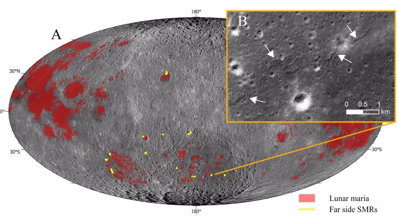 Pequeñas crestas en el lado lejano de la luna (representadas en amarillo) revelan evidencia de que la luna podría no estar tan inactiva como se creía anteriormente.