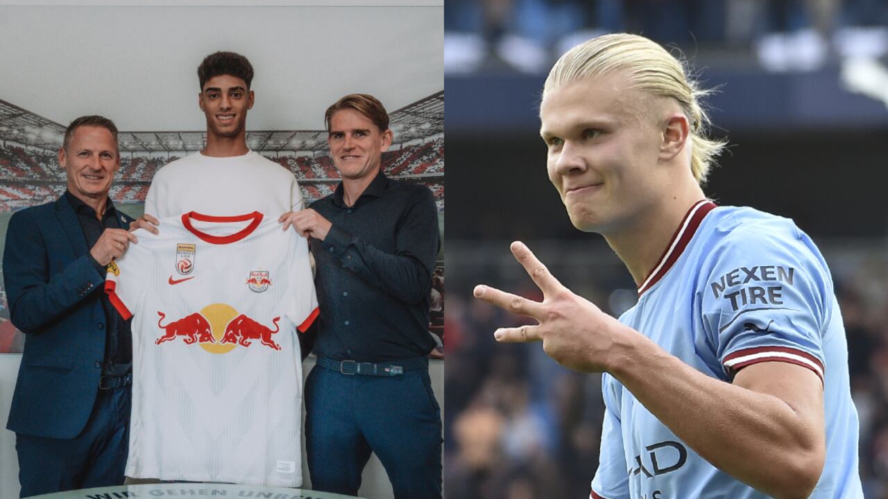 Alexander Murillo y Erling Haaland. Foto: FC Red Bull Salzburg (@RedBullSalzburg)//AP/Rui Vieira