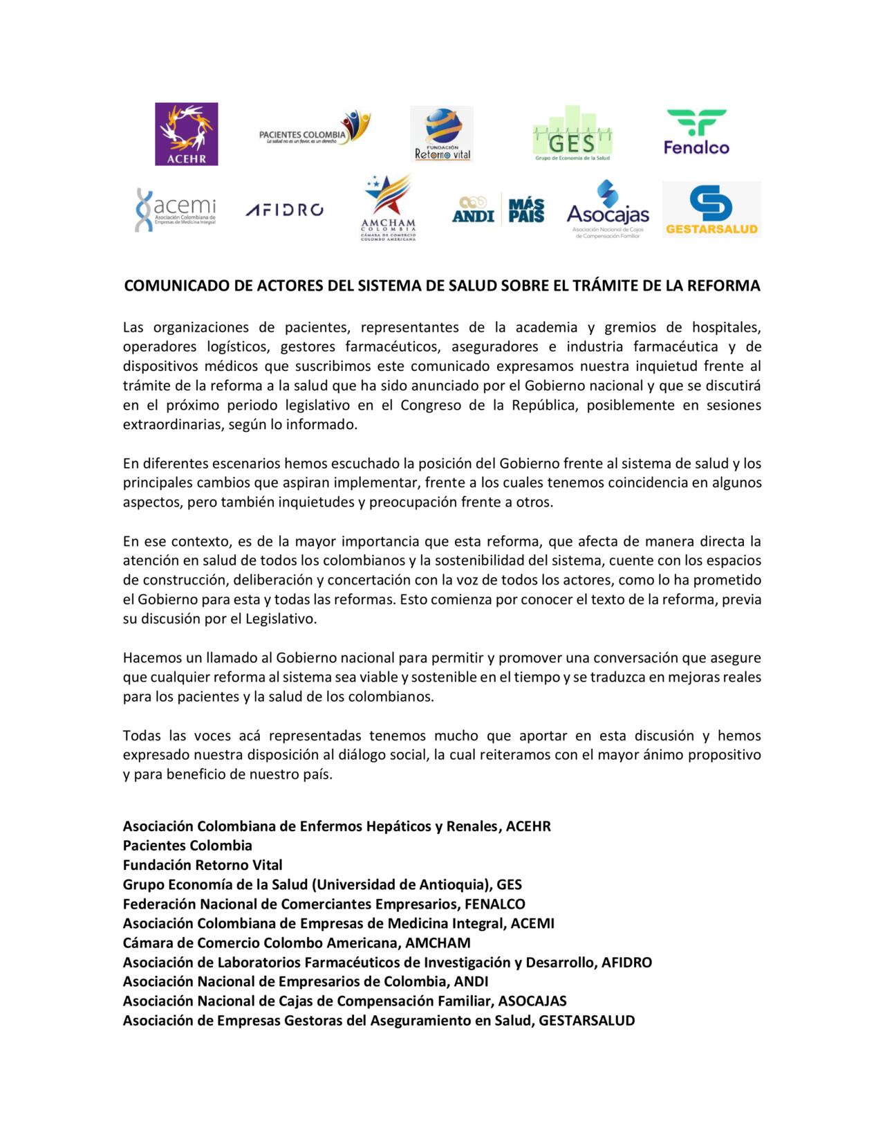 Comunicado de prensa completo sobre la reforma a la salud.