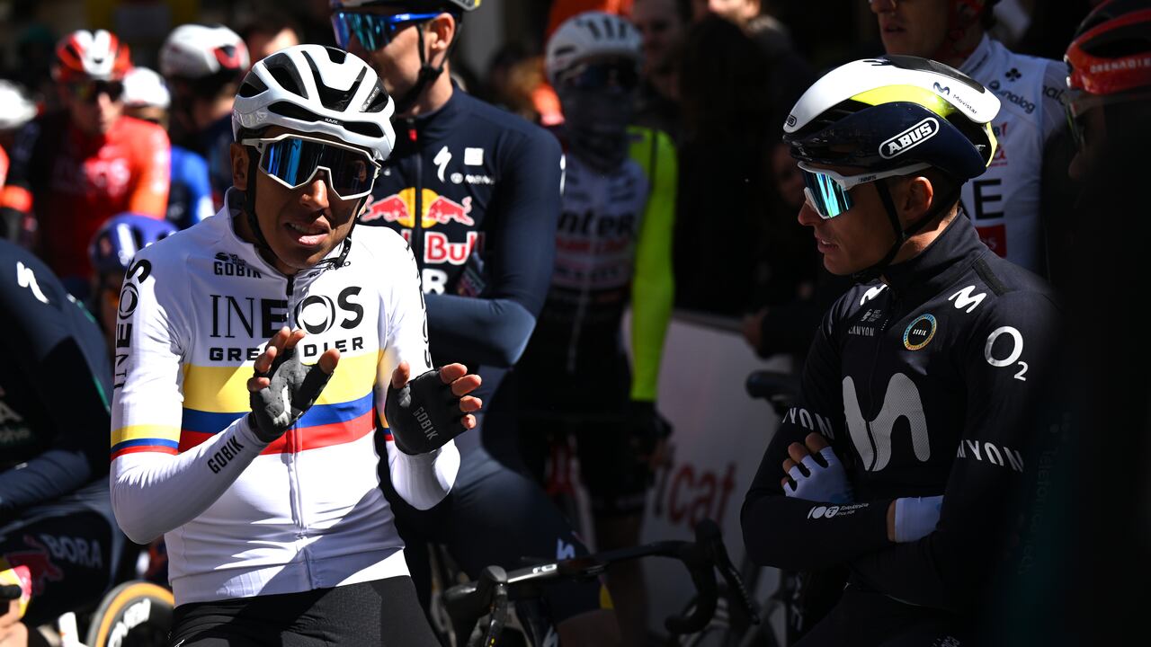 BERGA, SPAIN - MARCH 29: (L-R) Egan Bernal of Colombia and Team INEOS Grenadiers and Enric Mas of Spain and Movistar Team prior to the 104th Volta Ciclista a Catalunya 2025, Stage 6 a 120km stage from Berga to Berga / #UCIWT / Stage shortened by adverse weather conditions / on March 29, 2025 in Berga, Spain. (Photo by Szymon Gruchalski/Getty Images)