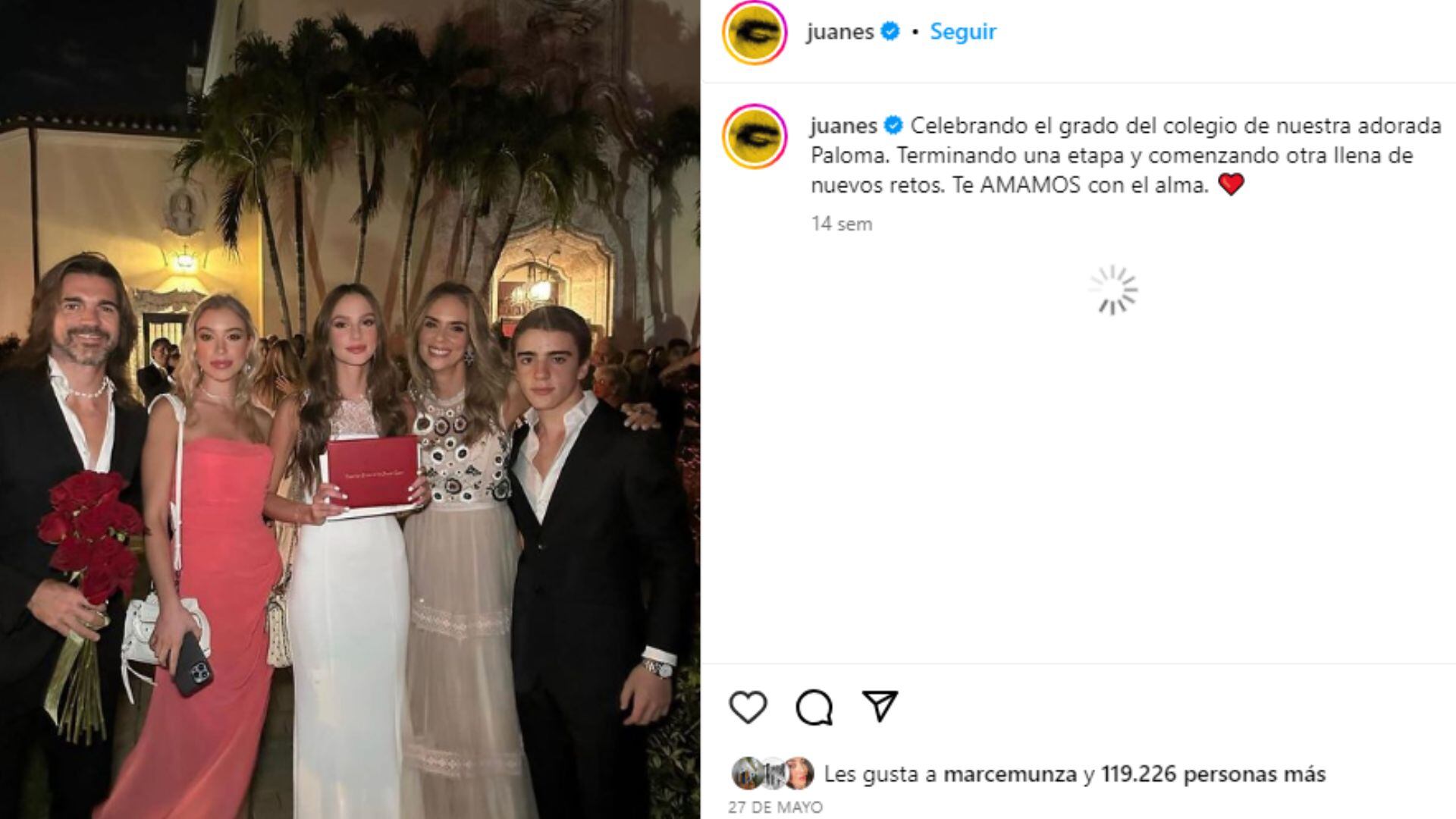 Juanes y Karen Martínez en la celebración del grado de colegio de su hija Paloma.