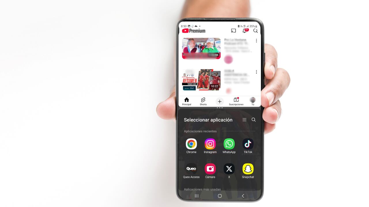 Una vez dividida la pantalla, seleccione la segunda aplicación desde las opciones que se muestran en la parte inferior para completar la vista dividida.