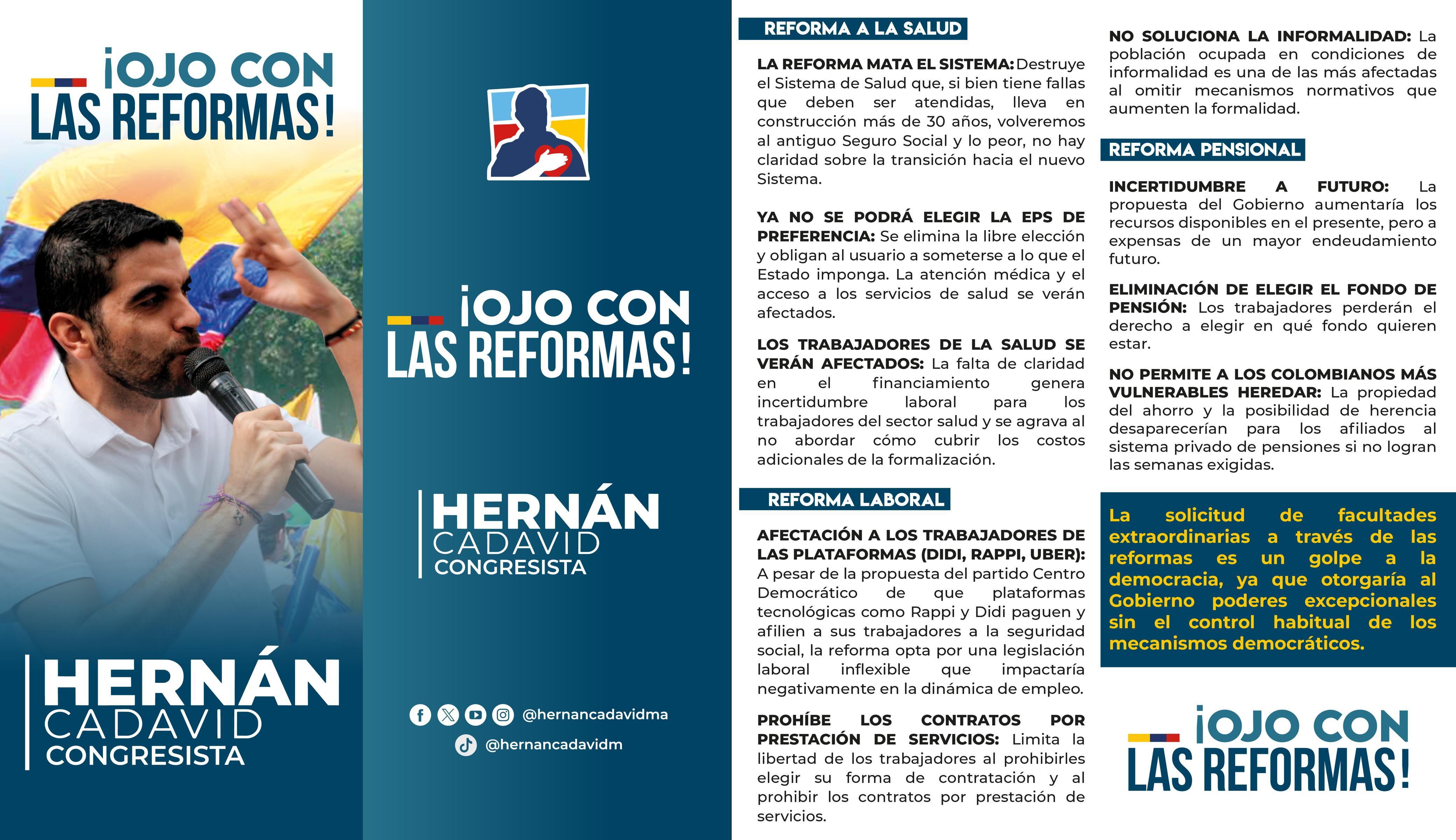 Este es el folleto "Ojo con las reformas" que está repartiendo el representante Hernán Cadavid.
