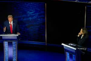 Republican presidential nominee former President Donald Trump and Democratic presidential nominee Vice President Kamala Harris participate during an ABC News presidential debate at the National Constitution Center, Tuesday, Sept. 10, 2024, in Philadelphia. (AP Photo/Alex Brandon)