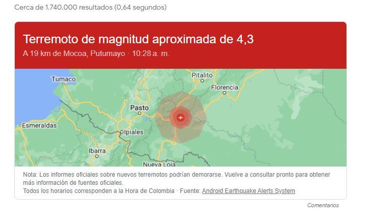 La alerta de Google indicó que el sismo fue de 4,3 grados