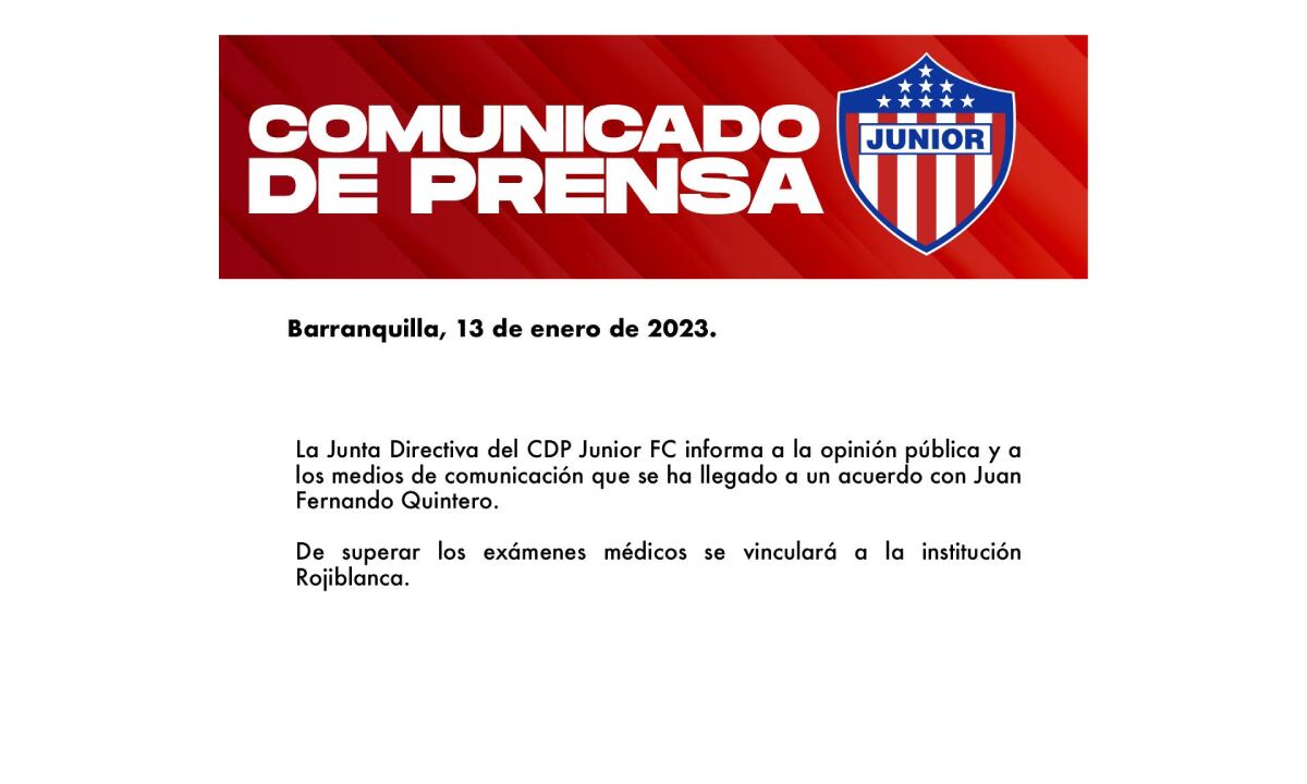 Comunicado Junior, Juan Fernando Quintero. Foto: Junior de Barranquilla.