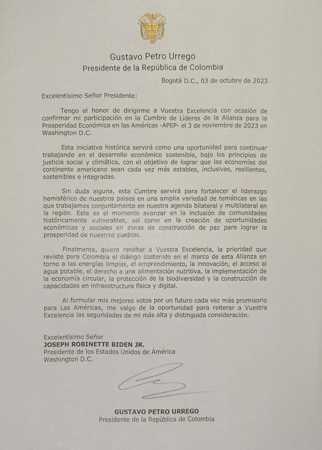 Carta de Petro a Biden