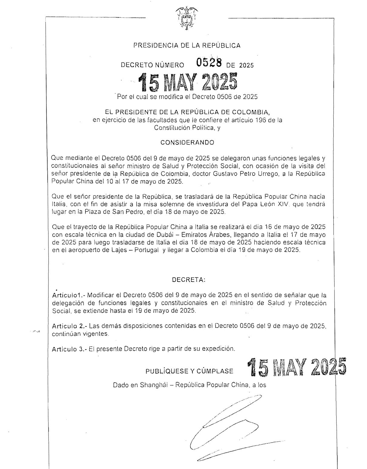 Decreto ampliación del viaje internacional del presidente Gustavo Petro