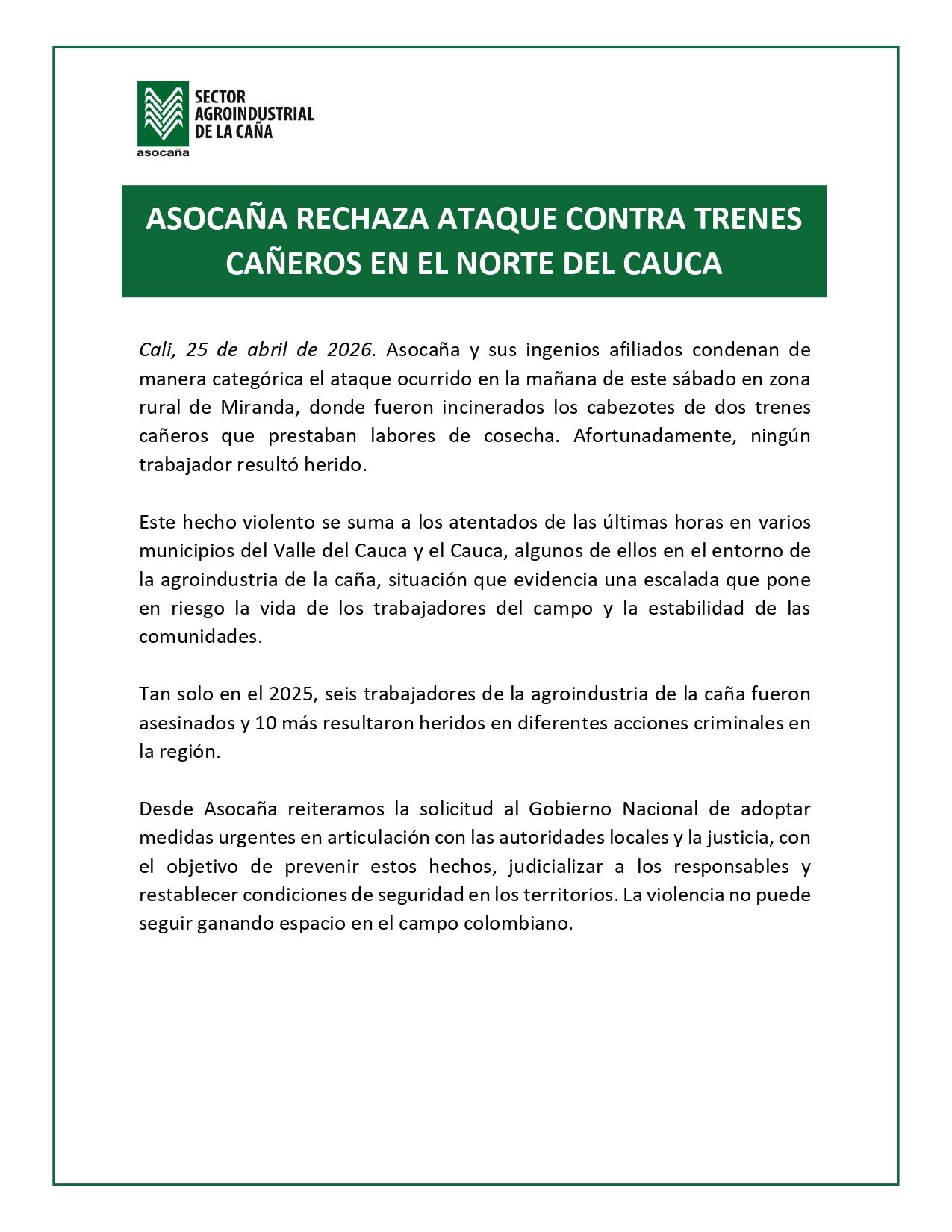 Comunicado Asocaña 25 de abril