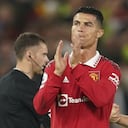 Manchester United's Cristiano Ronaldo applauds at the end of the English Premier League soccer match between Manchester United and Liverpool at Old Trafford stadium, in Manchester, England, Monday, Aug 22, 2022. (AP/Dave Thompson)