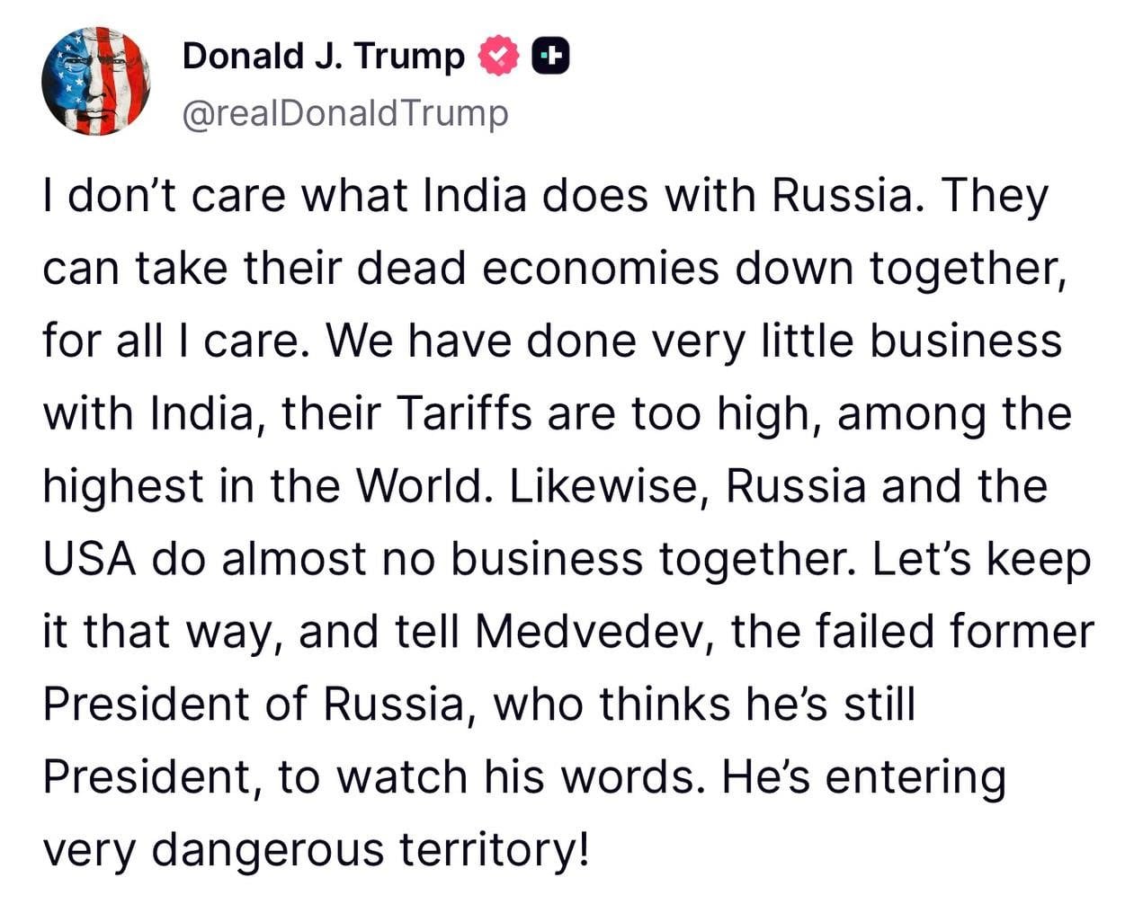 Mensaje emitido por el presidente Donald Trump en su cuenta de Truth