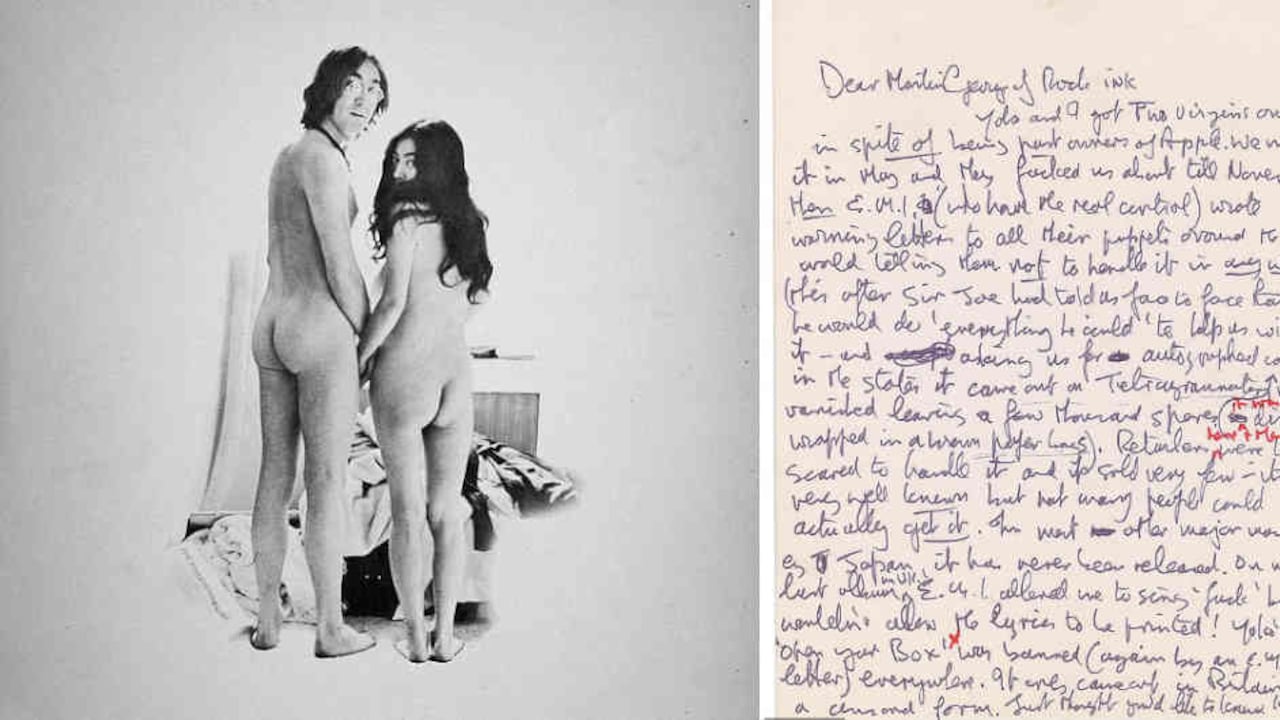 La contraportada del disco muestra a John Lennon y a Yoko Ono desnudos y de espaldas. A la derecha, la carta de Lennon