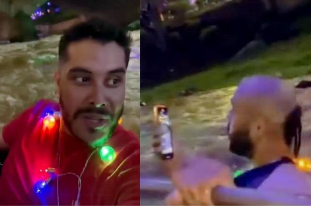 Hombres se lanzaron en flotadores al alumbrado navideño de Cali.