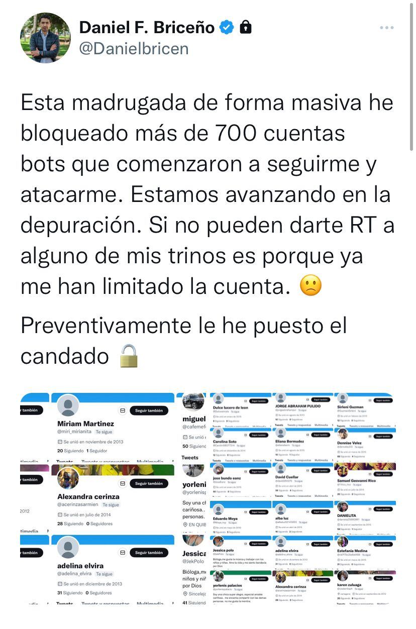 La denuncia de Daniel Briceño sobre su cuenta en Twitter