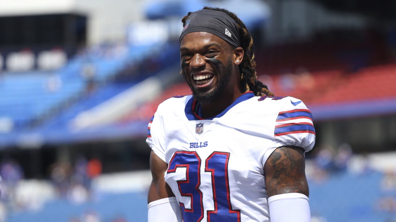Buffalo Bills safety Damar Hamlin smiles prior to the start of the first half of a preseason NFL football game, Saturday, Aug. 28, 2021, in Orchard Park, N.Y. Hamlin was released from a Buffalo hospital on Wednesday, Jan. 11, 2023, more than a week after he went into cardiac arrest and had to be resuscitated during a game at Cincinnati, after his doctors said they completed a series of tests. (AP/Joshua Bessex)