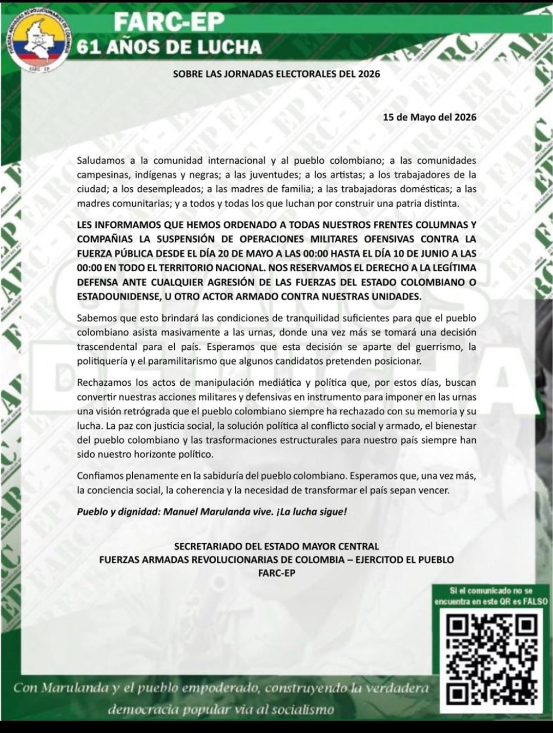 Este es el comunicado completo de las disidencias en el que anuncian la suspensión de la ofensiva contra la Fuerza Pública.