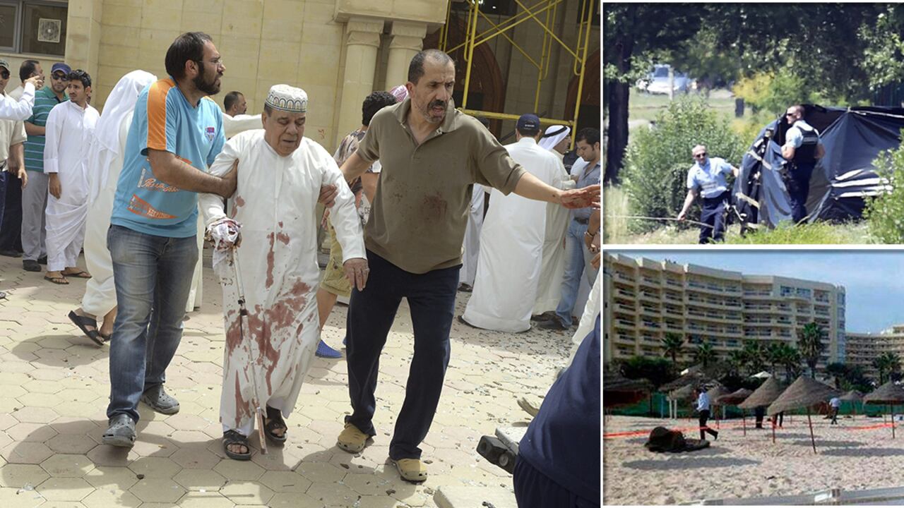 El atentado a una mezquita en Kuwait, el ataque en Francia (esquina superior derecha) y el de Túnez (esquina inferior derecha).