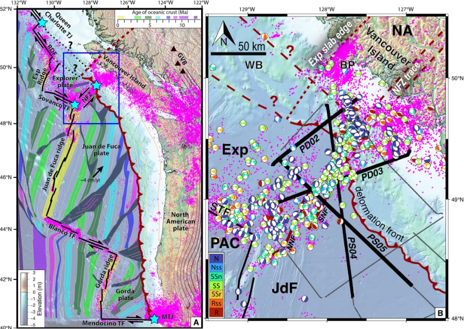 Las dos imágenes permiten ubicar las placas en subducción y los perfiles sísmicos estudiados.