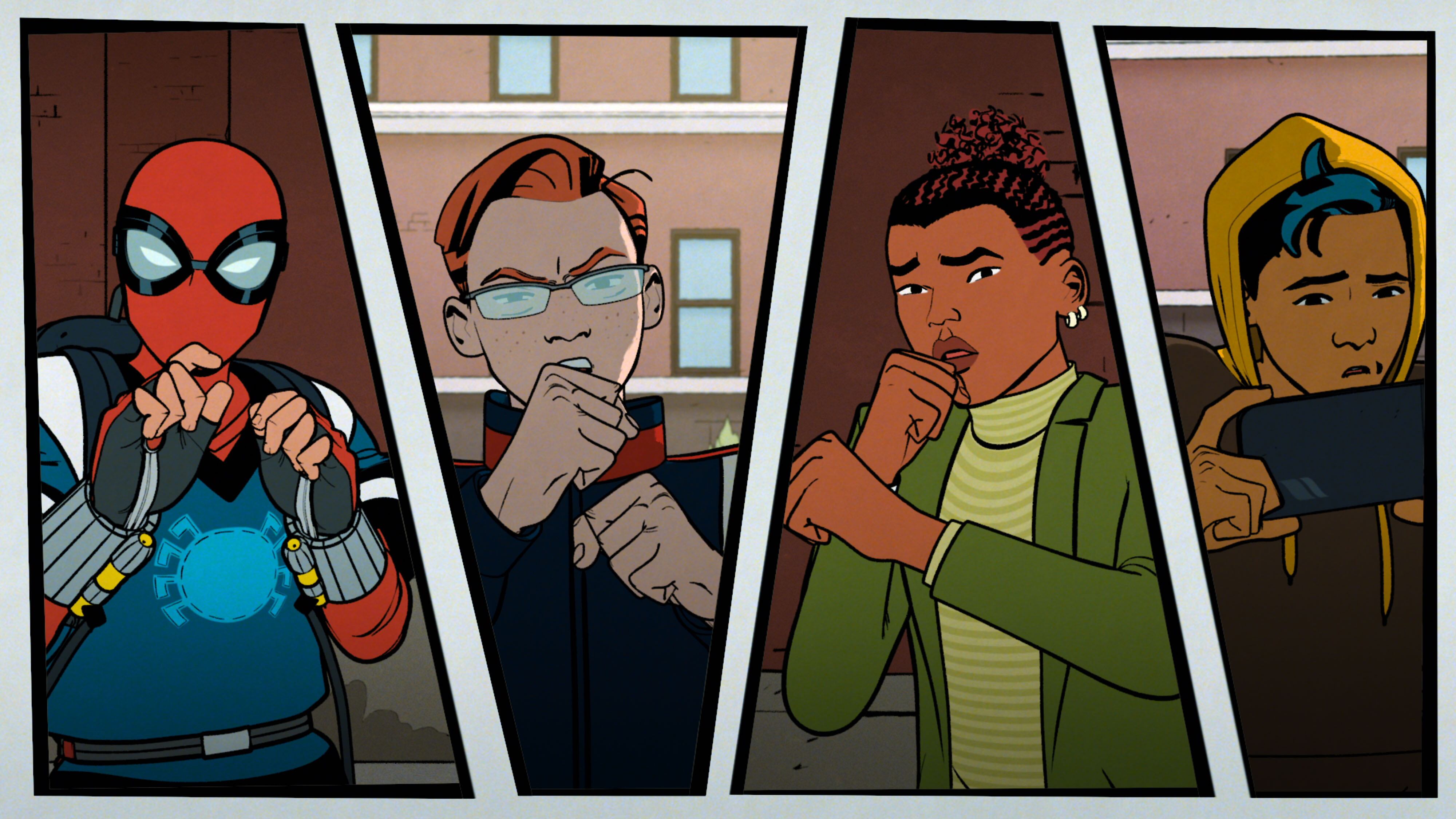 (Far Left) Peter Parker/Spider-Man (Hudson Thames) and (Second from Right) Harry Osborn (Zeno Robinson) in Marvel Animation's YOUR FRIENDLY NEIGHBORHOOD SPIDER-MAN, exclusively on Disney+. Photo courtesy of Marvel Animation. © 2024 MARVEL.