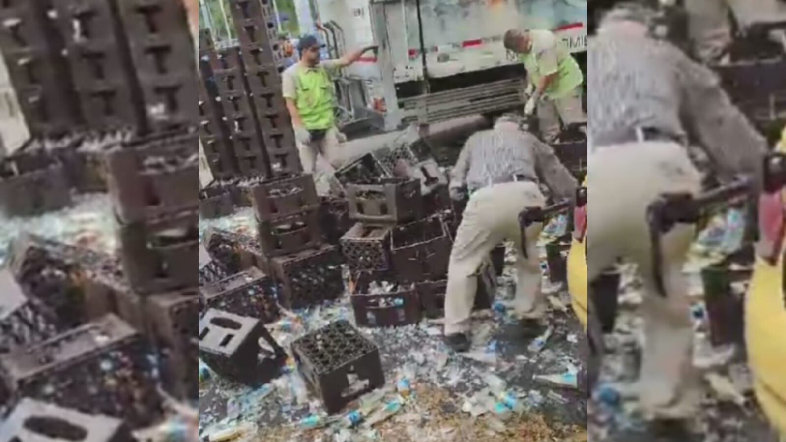 Camión regó cientos de botellas de cerveza en Cali.