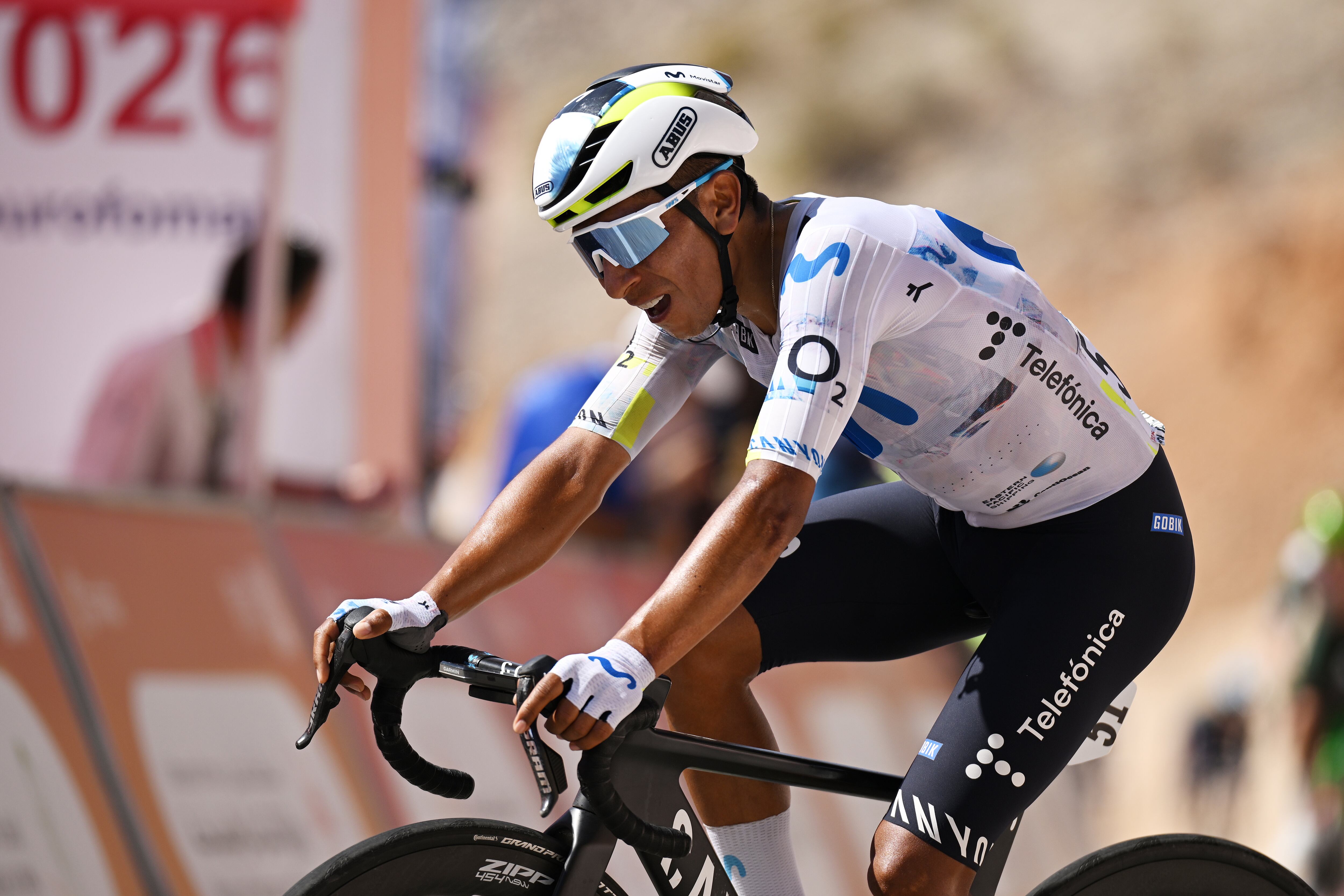 JABAL AL AKHDHAR - GREEN MOUNTAIN, OMAN - FEBRUARY 11: Nairo Quintana of Colombia and Movistar Team crosses the finish line during the 15th Tour of Oman 2026, Stage 5 a 155.9km stage from Nizwa to Jabal Al Akhdhar - Green Mountain 1024m on February 11, 2026 in Jabal Al Akhdhar - Green Mountain, Oman. (Photo by Dario Belingheri/Getty Images)