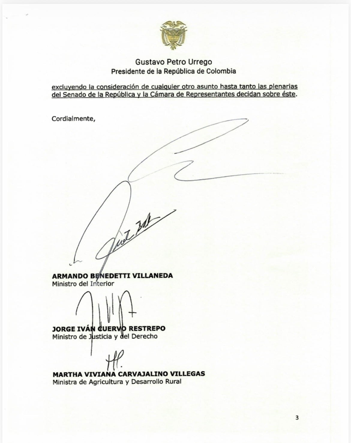 Documento mensaje de insistencia del Gobierno sobre la jurisdicción agraria.