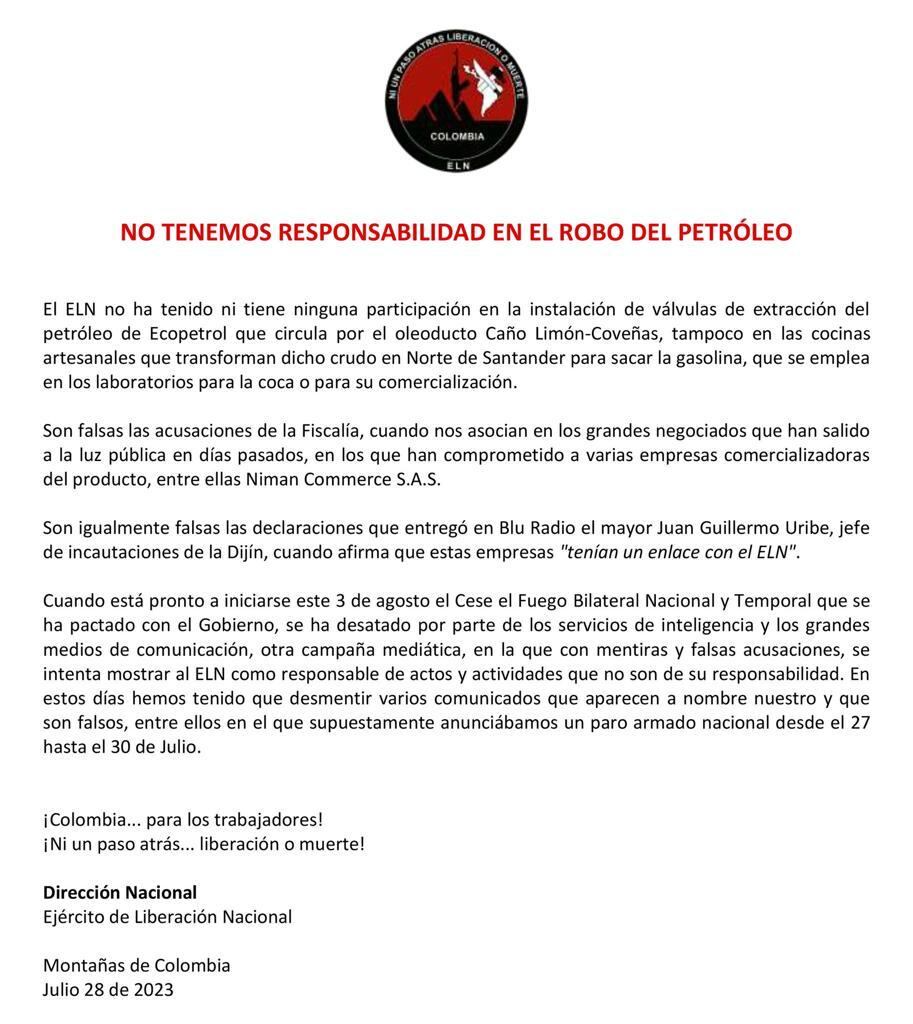 Comunicado del ELN sobre el robo a Ecopetrol.