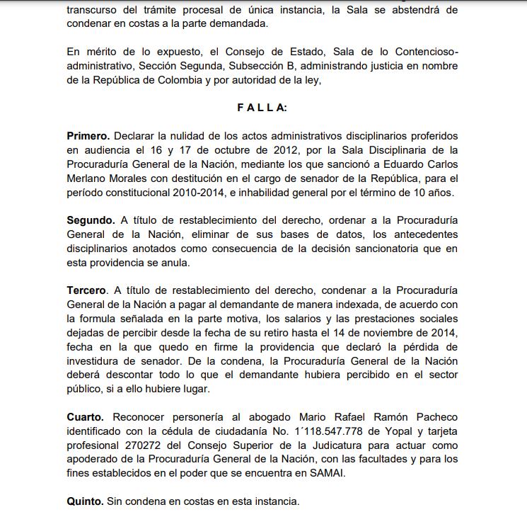 Eduardo Merlano, el exsenador sancionado por insultar a policías, le ganó pulso a la Procuraduría General.