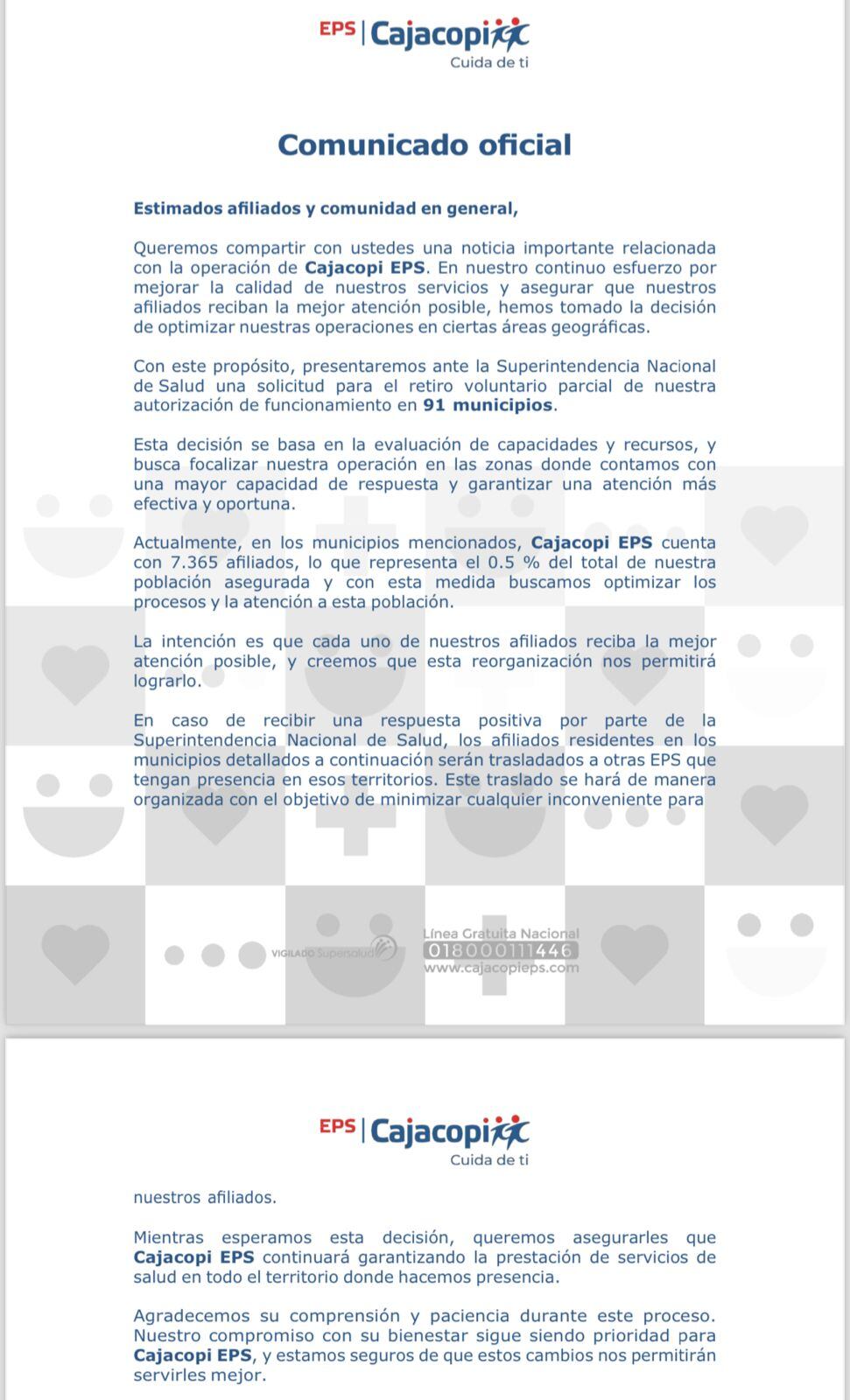 Este es el comunicado emitido por la oficina de comunicaciones de la EPS Cajacopi