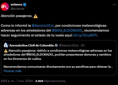 La aerolínea Avianca ha alertado a sus pasajeros sobre la posibilidad de alteraciones en sus vuelos programados, instando a los viajeros a verificar el estado de sus itinerarios debido al cierre del espacio aéreo en Bogotá este domingo.