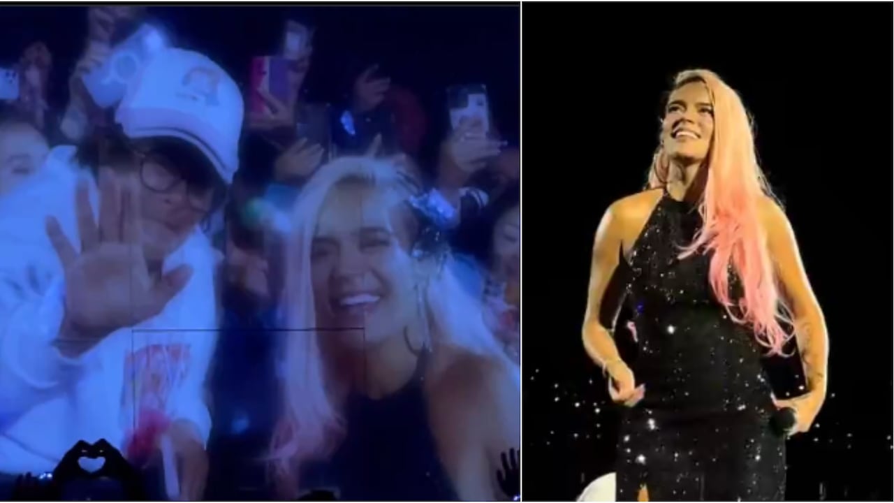 Karol G, durante el concierto en Bogotá del 5 de abril de 3024, compartiendo con una fan de 78 años.