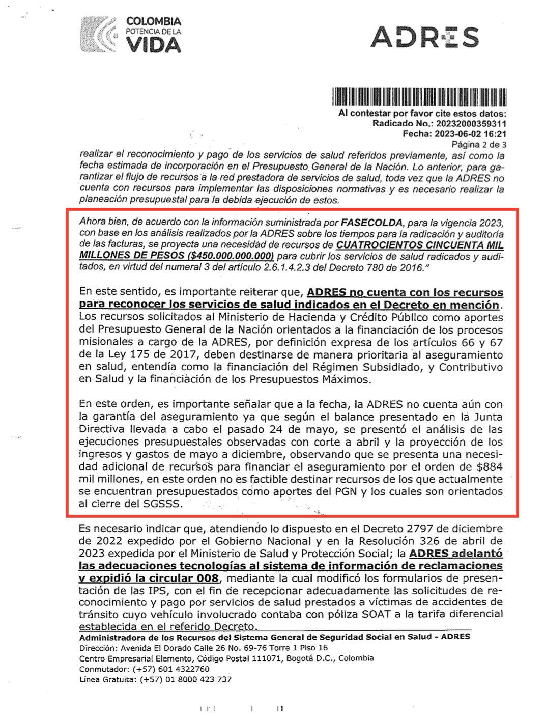 Este es uno de los apartes de la carta que le envió la Adres al Ministerio de Hacienda y que fue publicada por el representante Andrés Forero.
