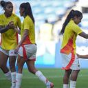 Colombia's Leicy Santos, right, celebrates with Colombia's Manuela Pavi after scoring during the women's Group A soccer match between New Zealand and Colombia at the Lyon stadium during the 2024 Summer Olympics, Sunday, July 28, 2024, in Decines, France. (AP Photo/Laurent Cipriani)