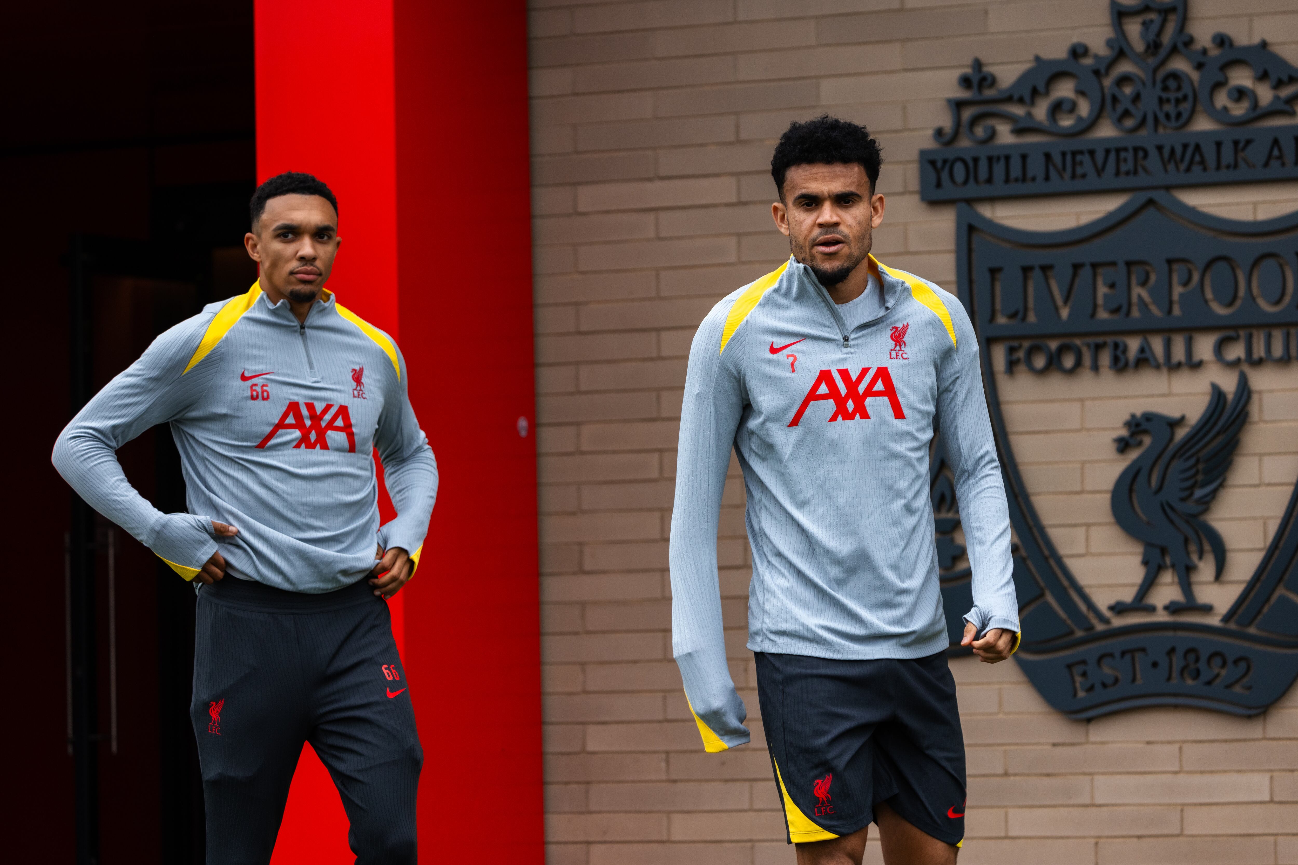 LIVERPOOL, ENGLAND - NOVEMBER 04: (THE SUN OUT, THE SUN ON SUNDAY OUT) Trent Alexander-Arnold and Luis Díaz of Liverpool during the UEFA Champions League 2024/25 League Phase MD4 training and press conference at AXA Training Centre on November 04, 2024 in Liverpool, England. (Photo by Nikki Dyer - LFC/Liverpool FC via Getty Images)