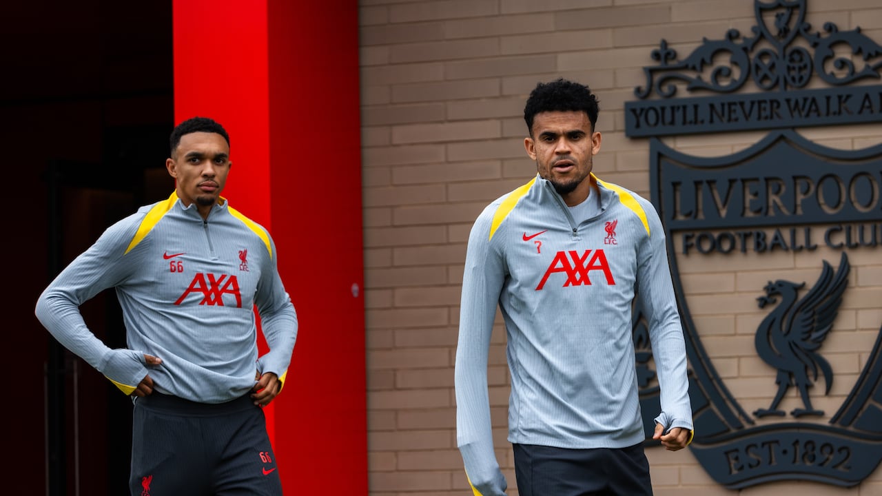LIVERPOOL, ENGLAND - NOVEMBER 04: (THE SUN OUT, THE SUN ON SUNDAY OUT) Trent Alexander-Arnold and Luis Díaz of Liverpool during the UEFA Champions League 2024/25 League Phase MD4 training and press conference at AXA Training Centre on November 04, 2024 in Liverpool, England. (Photo by Nikki Dyer - LFC/Liverpool FC via Getty Images)