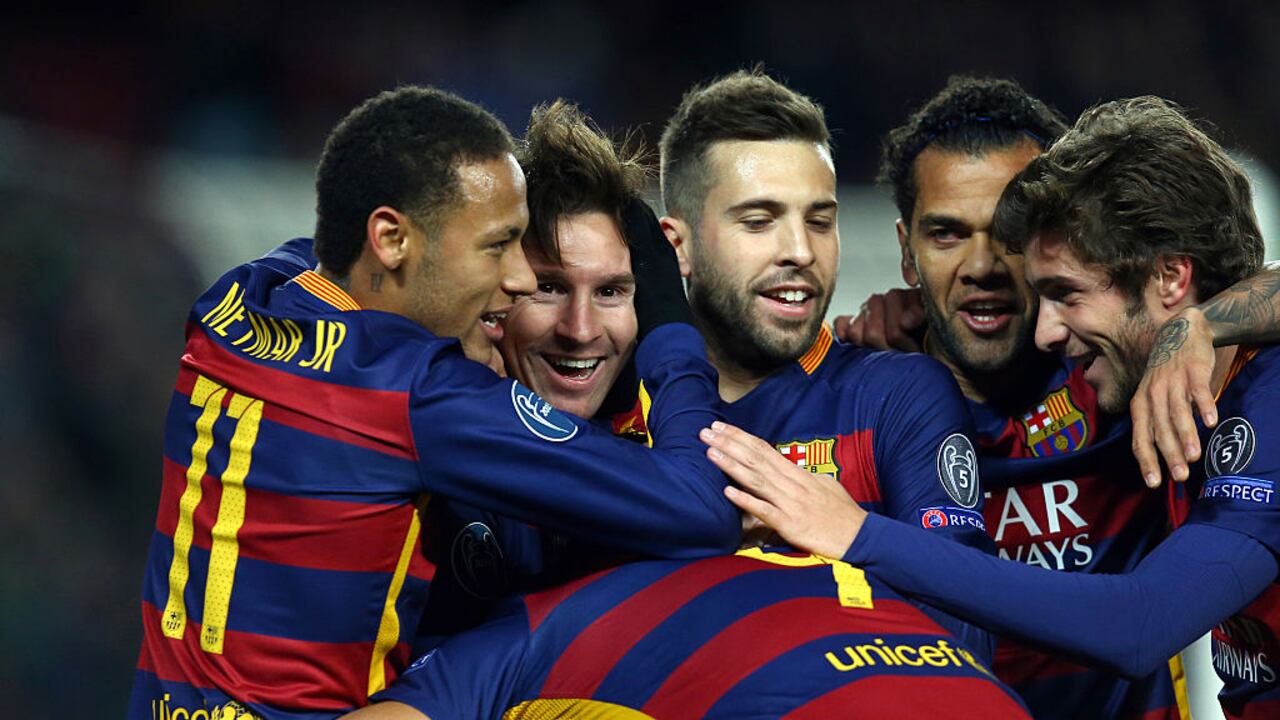Jugadores del Barcelona celebrando gol contra Roma, en la Champions League 2015.